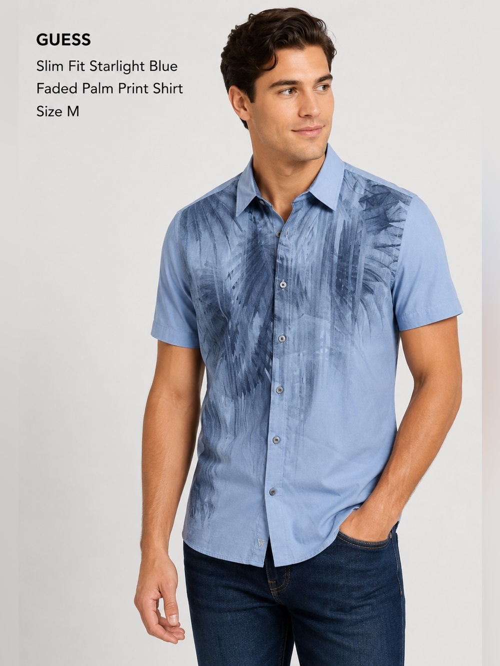GUESS Slim Fit Starlight Blue Faded Palm Print Shirt Size M NWT